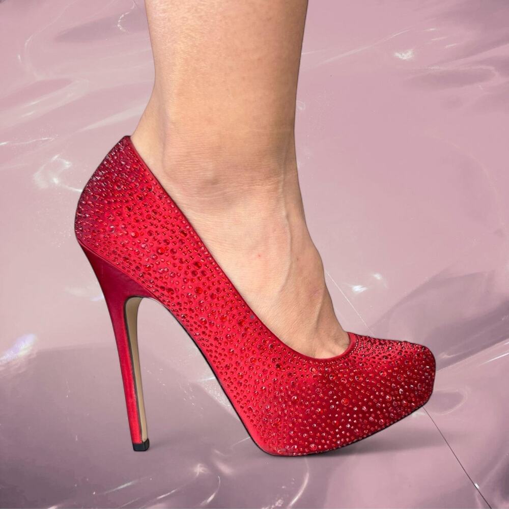 Y2K ALDO Red Crystal Satin Embellished Platform Heels Size 6
